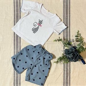 Toddler girl cartoon graphic tee with polka dot shorts; size 3-4Y